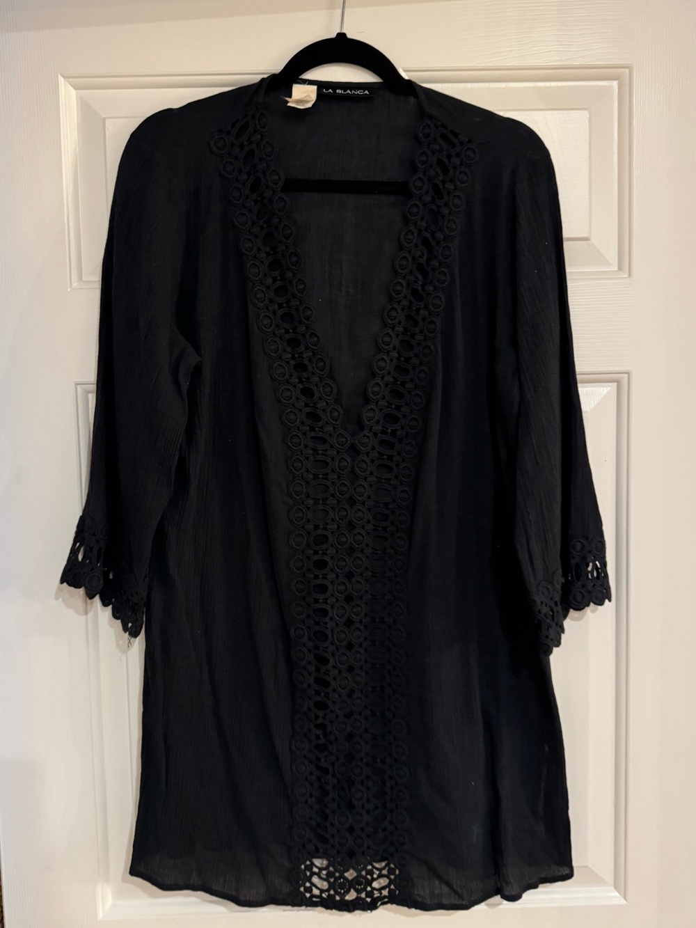 La Blanca Black Crochet Trim Kimono coverup M